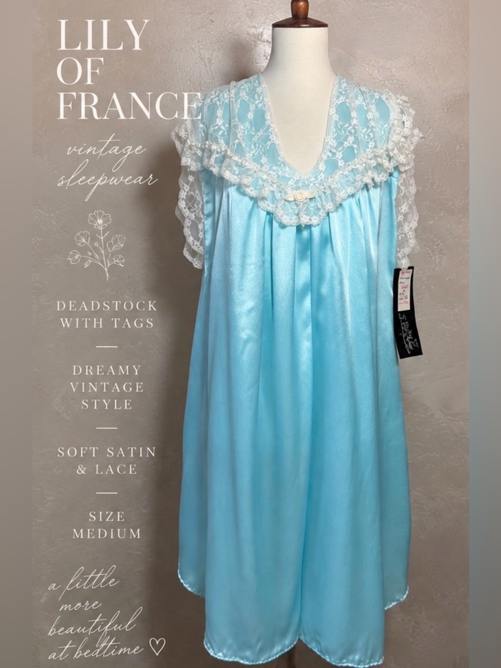 Vintage Lily of France Nightgown | Deadstock NWT | Satin & Lace | Size Medium